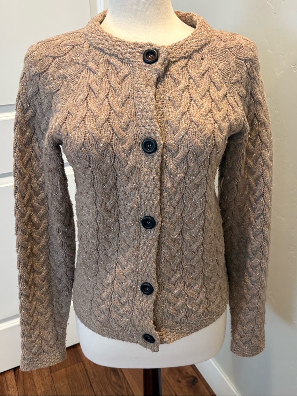 Artisan Taupe Cable Knit Button-Up Cardigan Size Small Excellent Quality